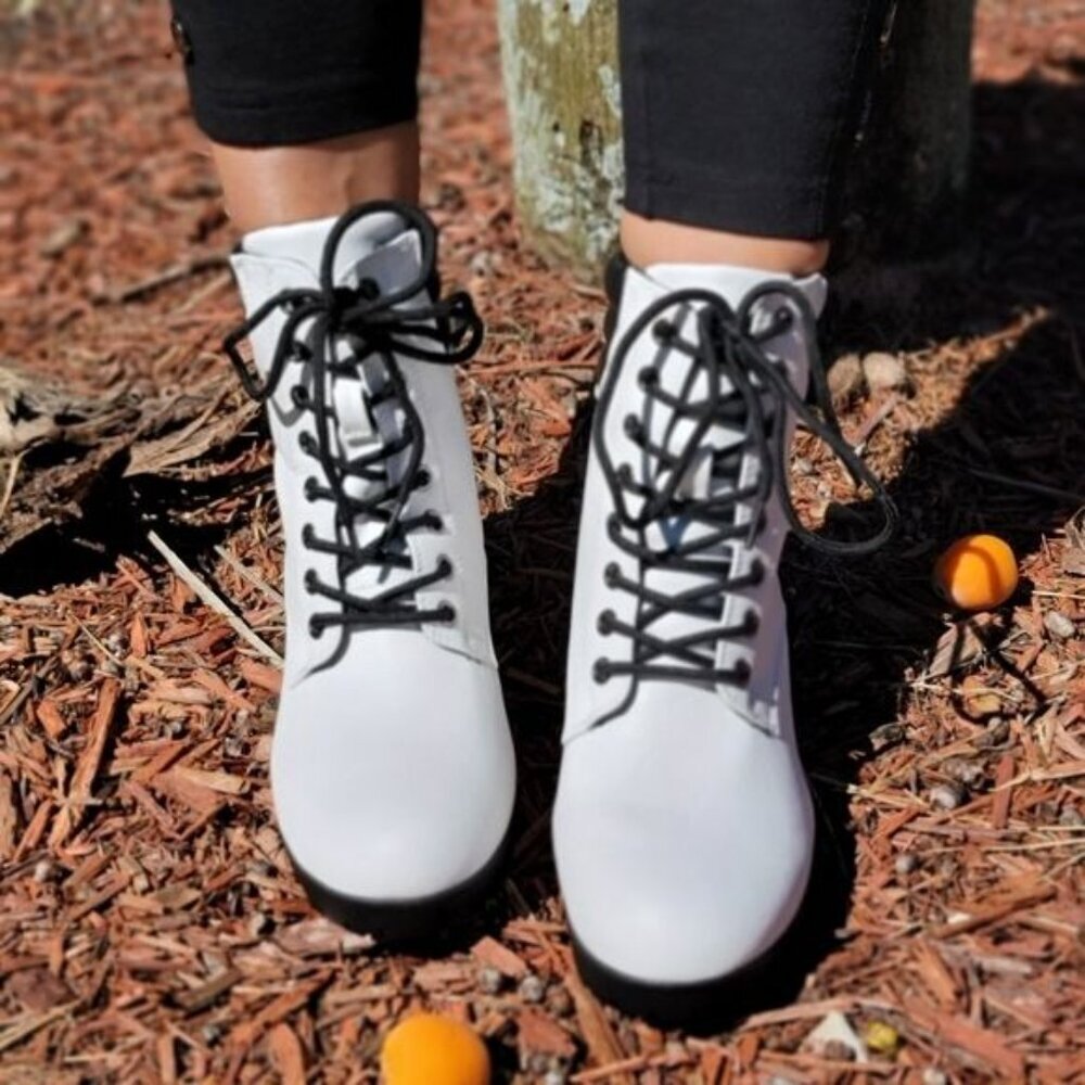 Women's White Chunky Block High Heel Ankle Booties - Picture 5 of 9